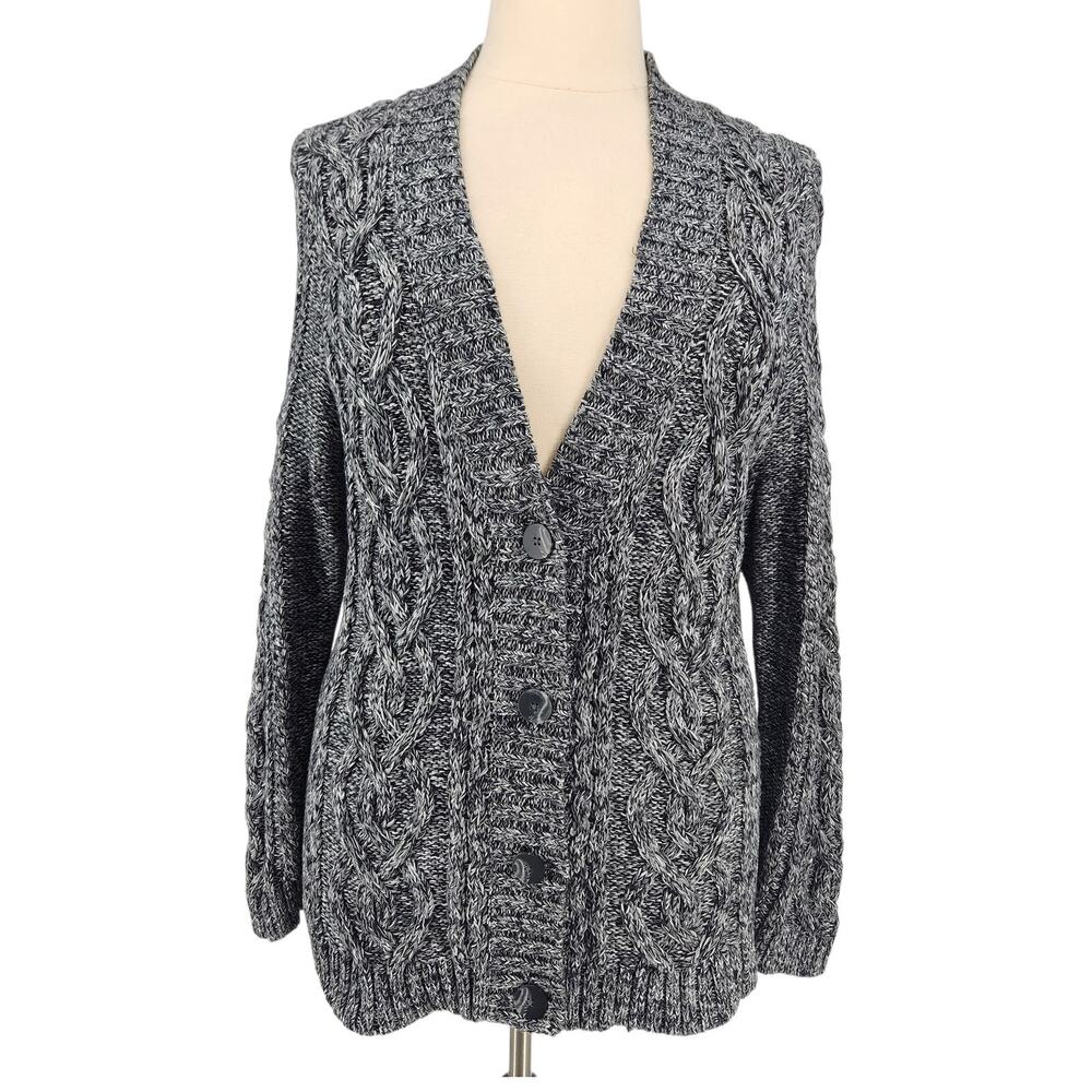 J Jill Marled Cable Knit Chunky Cardigan – Black/Gray – Size XL